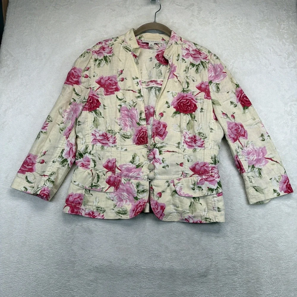 Banana Republic Blazer Womens 12 Linen Blend Floral Rose Print Cottagecore